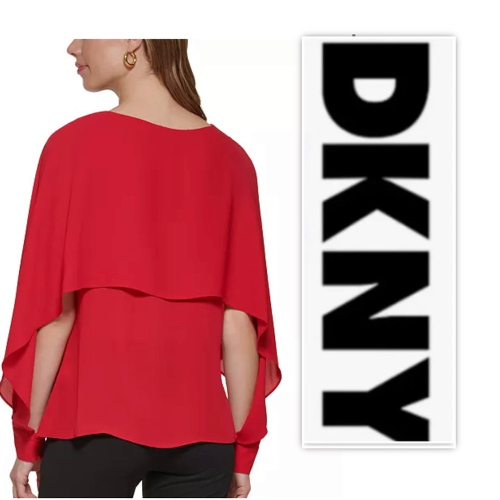DKNY Red Long-Sleeve Crewneck Cape Blouse